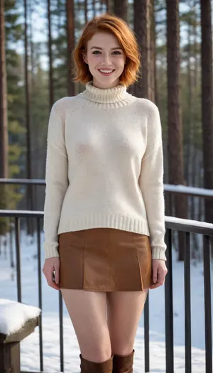 beautiful girl standing on a balcony in the snow, overlooking a pine forest. Wearing, (short skirt), (off-white knit overzied sweater dress), thigh high brown leather boots, with pale complexion, pale skin, ginger pixie haircut, wavy ginger hair, short hair, hair with flaired tips, round eyes, big hazel eyes, happy, smiling, cheeky smile, super skinny, busty, freckles
