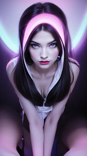 A popart illustration of a adult beautiful slender woman. She has a fair complexion and her hair is styled in a sleek, straight look. Her eyes are a deep blue color and her eyebrows are a lighter shade of blue. She is wearing a pair of pink lipstick and her lips are painted a soft pink. The background of the image is black. text headline "KITTYart", text "ART" in a playful font. various icons and text, such as a star, a heart, numbers, barcode, and a magnifying glass. The overall color scheme is bright and vibrant, with shades of pink, purple, and blue. long shadows, dreamy mood, detailed photo, photorealistic photo, realistic pretty women photo, distorted perspective, night vision, soft fokus, overexposure, parallax. worm´s-eye view, #©KITTYART