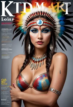glossy magazine cover style, text headline "KITTYart", closeup of a adult beautiful slender sioux indian woman with a large colorful indian sioux feather headdress and war paint, elaborate hairstyle, lingerie, aroused skin, colorful smoke, colorful glass, fashion tabloid style, text "ART", frame, graphical design, text, shapes, numbers, barcode, glamour magazine, sparkling look, realistic pretty women photo, intricate, posing, handsign to viewer, #©KITTYART


































#©KITTYART