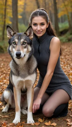 (masterpiece, best quality:1.2), 1 czech 20yo woman, transparent black jodhpurs, unbuttoned, sleeveless, cleavage, tall, sexy, posing, (anthracite fleece troyer:1.4), outdoors, longest brunette hair, hair combed back, double buns, green eyes, looking at the viewer, ahegao, detailed facial features, strong jaw, seductive smile, in autumn bohemian low mountain ranges landscape, snow on the ground, evening sun shining, lush green forest, water fall in the back ground photorealism, wolf hound is next to her, she kneels on the ground and strokes the dog, <lora:708827_training_data:.5>