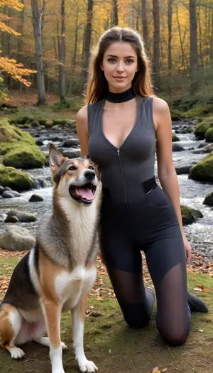 (masterpiece, best quality:1.2), 1 spanish 27yo woman, see through, black jodhpurs, unbuttoned, sleeveless, cleavage, tall, sexy, posing, (anthracite fleece troyer:1.4), outdoors, longest brunette hair, hair combed back, double buns, green eyes, looking at the viewer, ahegao, detailed facial features, strong jaw, seductive smile, in autumn bohemian low mountain ranges landscape, snow on the ground, evening sun shining, lush green forest, water fall in the back ground photorealism, wolf hound is next to her, she kneels on the ground and strokes the dog, <lora:708827_training_data:.5>