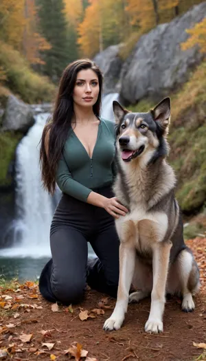 (masterpiece, best quality:1.2), 1 spanish 27yo woman, see through, black jodhpurs, unbuttoned, sleeveless, cleavage, tall, sexy, posing, (anthracite fleece troyer:1.4), outdoors, very long black hair, hair combed back, blue green eyes, looking at the viewer, mystical eyes, ahegao, detailed facial features, strong jaw, seductive smile, in autumn bohemian low mountain ranges landscape, snow on the ground, evening sun shining, lush green forest, water fall in the back ground photorealism, wolf hound is next to her, she kneels on the ground and strokes the dog, <lora:708827_training_data:.5>