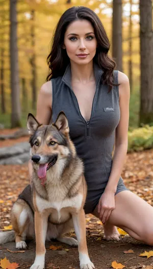 (masterpiece, best quality:1.2), 1 american 36yo woman, see through, jodhpurs, unbuttoned, sleeveless, cleavage, tall, sexy, posing, (anthracite fleece troyer:1.4), outdoors, very long black hair, hair combed back, silky hair, golden highlights, blue eyes, looking at the viewer, mystical eyes, ahegao, detailed facial features, strong jaw, seductive smile, in autumn Canadian low mountain ranges landscape, snow, snow on the ground, evening sun shining, lush green forest, water fall in the back ground, colour full maple leaf on the ground, photorealism, wolf hound is next to her, she kneels on the ground and strokes the dog, <lora:708827_training_data:.5>