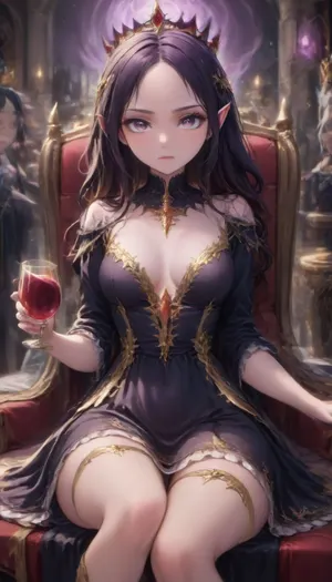 (1 evil elf girl queen sitting on her massive throne at night holding a glass of red wine:1.2), long pointy ears, (evil expression:2), (small head), (golden elven crown:1.3), black veil over face, (close up shot), (front view), pale skin, (thin sexy face), black hair, (long straight hair:1.2), (long gold trimmed royal black dress:1.8), (thigh high boots), (fully dressed:1.8), very long thick eyelashes, white eyes, (sexy petite body), sexy medium breasts, (thin legs), (small eyes:1.4), perfect face, gothic elven castle at night, purple moon, staekinglight, pcpcpc, <lora:nai3animation_v2.6.1-000100:1.4>, <lora:842553_training_data:1.1>