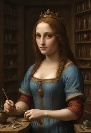 ((a painting in the style of Leonardo da Vinci:1.9)), a beautiful woman creates a, (huge crown of jewels), at her workbench, dvnc, golden crown, crown, jewels, gold, medieval, f0rg3, sh0p, offset side view, (painting), <lora:dvnc:1.8>, <lora:medieval_f0rg3_sh0p:.8>