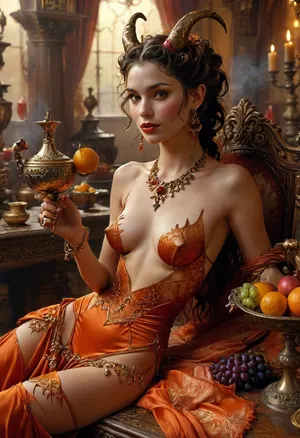 A dramatic, digitally enhanced image, 4/4 body view, pin-up style, A stylized female figure, likely a demon or similar fantasy creature, reclines on a luxurious-looking surface. She is depicted in a reddish-orange hue, with elaborate gold jewelry and ornamentation. Her horns and tail are prominent features., (Happy laughing face), She appears to be smoking from a golden pipe, and a golden goblet is in her hands. Various fruits, including grapes and oranges, are arranged in a woven basket in front of her. A dark-colored wine decanter and a wine glass are also visible on a small table. Smoke is swirling around her and the scene is set in a dimly lit, ornate environment, with draped furnishings in shades of mauve and pink. The overall style suggests a fantasy or perhaps a historical-fantasy setting., CCDWR, <lora:hinaMaybeBetterPoseXL_v5-NoobAI:.8>, <lora:FLUX mimic - XL - SDXL v4.0:.8>, <lora:ahxl_v1:.8>, <lora:LORA_CCDWR:.8>, <lora:MJ52:.8>