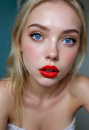 18 years old young Nordic girl, beautiful face, young face, slut makeup, cute face, cute smile, friendly face, hairy vagina, slim body, young body, small ass, narrow waist, red lipstick, glossy lipstick, (huge eyes), blue eyes, lustful smile, pleasured face, cute snub nose, heavy makeup, beautiful makeup, eyes makeup, toilet, (pissing:1.7), igbaddie, <lora:igbaddie-XL:.8>, <lora:MJ52:.8>