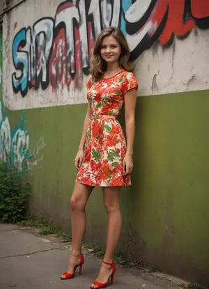 Stylized 1970s Soviet poster art of a girl in a cheerful summer dress leaning on graffiti painted wall with green scrub nearby on the street, bright colors, propaganda-style composition, smiling expression, red accents, bold lines, retro graphic design aesthetic