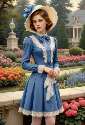 masterpiece, best quality, 1girl, solo, looking at viewer, J.C., Leyendecker, Style, page, short, whdbd, blue, dress, jewelry, necklace, bonnet, long, sleeves, bow, lace, trim, frills, pantyhose, country estate, well-kept park, beautiful flower beds, <lora:J.C. Leyendecker Style:.4>, <lora:whdbd XL:.8>