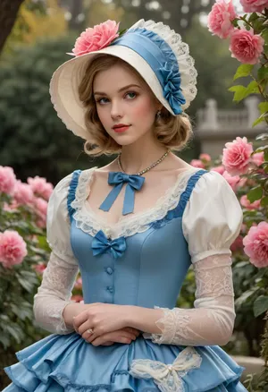 masterpiece, best quality, 1girl, solo, looking at viewer, J.C., Leyendecker, Style, page, short, whdbd, A lustful look, blue, dress, jewelry, necklace, bonnet, long, sleeves, bow, lace, trim, frills, pantyhose, country estate, well-kept park, beautiful flower beds, <lora:J.C. Leyendecker Style:.4>, <lora:whdbd XL:.8>