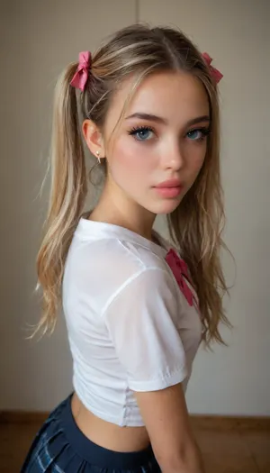 ((Close-up girl)), side view, (top view), high detail, (((very shiny skin))), (((schoolgirl))), (makeup:1.3), (detail big blue eyes), big lips, tight and firm, (very pretty young girl:1.6), (skinny:1.4), Best quality, realistic, fresh face, big pink bows in hair, high bright White blonde pigtails very long flowing extended hair, freckles, slut, horny, very detailed, bmbplora, detailxl, (((standing))), (((moles all over the body))), (ultra realistic:1.3), (maximum quality:1.3), (high resolution:1.3), (extreme detail:1.3), (ultra realism:1.3), (maximum detailed skin:1.3), (((long big thick black eyelashes))), ((narrow waist)), ((wide hips)), ((blush)), pink lipstick, (((eye contact))), (((looks at the viewer))), (((sexy look))), <lora:bimboxl_02:.6>, <lora:add-detail-xl:.8>, <lora:XL绪儿-引魂灯:1>, <lora:8_Lips:1>, <lora:1124157_training_data:1>