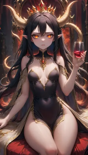 (1 evil elf girl queen laying on her throne at night holding a glass of red wine:1.2), (evil pose), (dark vibrant colors:1.8), (high resolution:1.8), long pointy ears, (evil expression:2), (small head), (golden elven crown with 2 golden horns:1.3), black veil over face, (close up shot), (front view), pale skin, (thin sexy face), (black hair), (long straight hair:1.2), (long gold trimmed royal black dress:1.4), (thigh high boots:1.4), (fully dressed:2.8), very long thick eyelashes, white eyes, (thin petite body:2.8), sexy medium breasts, (thin legs:1.8), (small eyes:1.4), perfect face, gothic elven castle at night, purple moon, staekinglight, pcpcpc, <lora:Midjourney Image Enhancer XL v1:1.6>