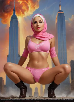 (TITLE TEXT "Virgin No.72":1.8), "Virgin No.72", (text reading "Virgin No.72"), (big movie title "Virgin No.72"), (movie poster:1.2), (huge letters, movie title text:1.2), (Muslim woman, brown skin:1.3), (Arab woman:1.1), (brown skin:1.3), (religious hijab:1.3), wet sweaty body, big text on poster, sweaty body, ((string bikini bottom)), sideview, (((tight uniform 50's))), (((pin up 1940's))), (explosion on World Trade Center:1.1), (1950's movie poster:1.2), (huge title text, movie poster:1.5), (big text on poster:1.5), (1950's movie poster:1.4), (1940's pin up girl), (Muslim girl in hijab sitting on a cloud in the sky:1.2), (hijab:1.5), (Arab girl in underwear:1.2), (skyline in background:1.3), (explosion on skyscraper:1.3), (airplane crashing into World Trade Center:1.3), (September 11 attacks:1.2), (9/11 September twin tower attack:1.2), (airplanes crashing in skyscraper:1.1), (she is wearing a pink hijab), Photography, photorealism, tall, beautiful perfect figure, Knee-high boots, perfect tall legs, charming eyes, sad yet gracious face, dark background, fantasy art capturing the style of Aaron Horkey, Jeremy Mann and Luis Royo, body-focused composition from a low angle, alluring figure, dark fantasy, dynamic composition, warm hues, showcases acrylic calligraphy, watercolor techniques integrated seamlessly into a maximalist masterpiece, detailed with gouache fluidity, golden hour light, hyperrealism, hypperrealistic, hyperdetailed, 64k, ultraHDR, Movie, Poster, page, panties, pulled, to, side, pussy, shaved, logo, text, sign, that, says, the, word, <lora:Movie Poster:.5>, <lora:Pussy_pants_nohands_D03_realvizXL2_bucket_01-000010:.5>, <lora:texta:1>