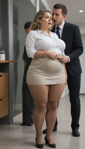 (full body shot), 4K HD image, A chubby, busty voluptuous MILF, (obese:1.2), wearing a tight blouse and short skirt and pantyhose and is standing in an office stationery cupboard with a male colleague on his knees licking her pantyhose gusset . He is on his knees licking her pantyhose gusset lifting the hem of the skirt