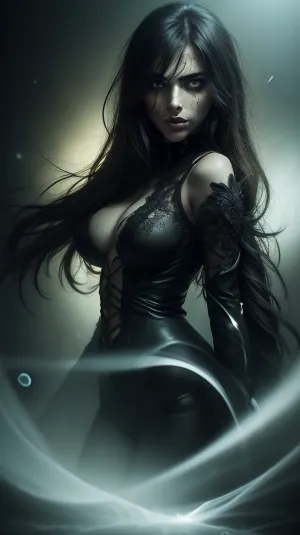 a coquettish woman with a very long hair, chaotic darkness, scribbled lines, surrender, polychromatic, diffuse, elaborate hairstyle, small breasts, beautiful crystal eyes, glowing {brown, blue, green} iris, heartshaped lips, freckles, lip gloss, aroused skin, olive skin, pose, dramatic sunrise, ground-fog, fog, (blackened darkness mood), worm´s-eye view, soft focus, distorted, night vision, double exposure, parallax, #©KITTYART