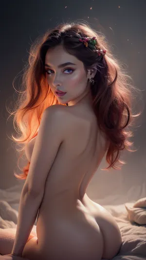 A slender beautiful adult woman, She has a beautiful coquettish faded face, elaborate hairstyle, small breasts, highly detailed large beautiful crystal eyes, light glowing irises, heartshaped lips, lip gloss, aroused skin, She wears a short transparent red raffle top, She is in the flowers, romantic sunset, red, smoke, colorful and vibrant, mystical colors, iridescent perspective view, sweeping circling composition, non-representational, colors and shapes, expression of feelings, imaginative, long shadows, dreamy mood, detailed photo, photorealistic photo, realistic pretty women photo, realistic night vision, soft fokus, parallax, overexposure, photo style, worm's-eye view from side, she kneels, cinematic, filmic, scribbled lines, surrender, polychromatic, diffuse, #©KITTYART