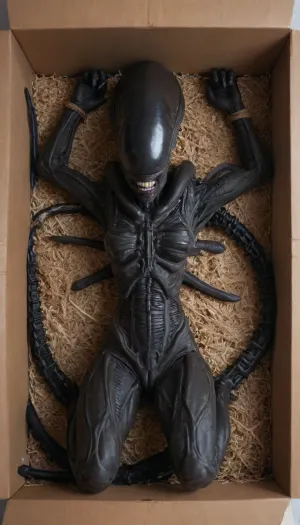 (((((Ariel))))), solo, ((((((xenomorph skin)))))), ((((xenomorph face)))), lying on back, buttocks, (legs above head), ankles tied, arms raised, wrists tied together, drooling, in a box, on back, wooden box, box with boards, lying in a box, tied up, tied in a container, score_9_up, score_8_up, score_7_up