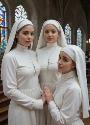 (Group of nuns), in a church, (white nun costume:1.2), (ethnic diversity)