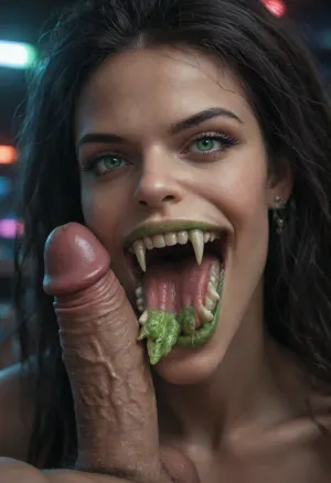 hyper detailed hyper realistic natural petite cutie, 18 years old beautiful vampire queen, (very muscular), nightclub, very detailed face, pale woman with dark hair, Vampire Queen sucks penis, close up, green eyes, (((very long vampiric fangs:1.6))), in the style of dark fantasy, symmetrical epic fantasy art, dark fantasy, purple lights, colorful, high detail, impeccable image quality, ultrarealism, cockbiting, bitingshaft, vampirebiting, 1girl, penis, hetero, 1boy, fellatio, oral, solo, focus, pov, fangs, <lora:bjwithteethv4-10:.4>, <lora:MS_Real_POV_Blowjob:.3>, <lora:fangs:.1>, Dominant angry look, (piercings:1.2)
