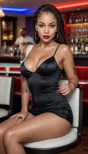 Sexy minidress, beautiful dressed black ebony 27 years old woman, mixed french and Congolese, (huge big round breasts:1.1), long braided brunette hair, creole earrings, red lipstick, ((tanned)), (perfect face), perfect eyes, little upturned nose, (freckles on cheeks:1.17), high detail, evening sexy night club dress, crowdy in the background, seated on a chair at the bar at nightclub, spreads her legs revealing pussy to the viewer, shaved pussy, lusty look, flashing pussy, talking with a girlfriend, men on background looking at the woman, dancefloor on the background, smirking luxuriously, seductive, interested by the viewer, drink ing a coupe of champagne, tattoo on sternum, Louboutin shoes, (viewer is touching thigh with his white hand:1.4), Random view, intricate detail, colored dildo, downblouse, loose, t-shirt, leaning, forward, s4t1ndr3ssFlux, in, satin, white, strapless, tube, bodycon, Long, Labia, Meaty, pussy, <lora:Plain_tube_dress:.9>, <lora:260797_training_data:.8>, <lora:detailed_notrigger:.8>