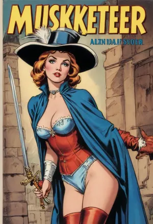 (single drawn woman:1.3), (illustration:1.3), (hand drawn:1.3), (comic book cover:1.3), (TITLE text, "Musketeer":1.3), (Musketeer woman:1.2), vintage 17th century woman 30yo the Musketeer from Dumas' novel, a blue cloak with a silver cross, a wide-brimmed hat with a feather, panties, antique Musketeer's sword, <lora:iltromba_artwork_style_smm_SDXL_LORA_v07:.5>, <lora:text:1.1>
