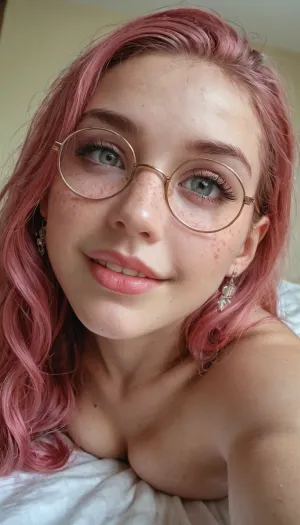 masterpiece, award winning photo, detailed face, realism, passion, lust, ultra realism, UHD 8K, extreme realism, maximum detail, best quality, detailed eyes, stunning, horny, fairy like girl, pink hair, round glasses, pale skin, freckles, a little smile, <lora:Midjourney Image Enhancer XL v1:.8>, selfie, lying on stomach, top rear view