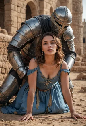 Erotic historical scene. Hyper realistic, (male medieval knight in armour and helmet), doggystyle fucking, (an African queen, submissive, wearing, (torn medieval royal dress)), outdoor, Arab desert, medieval castle in background
