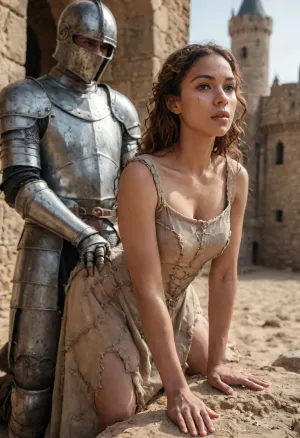 Erotic historical scene. Hyper realistic, (male medieval knight in armour and helmet), doggystyle fucking, (a mulatto queen, submissive, wearing, (torn medieval royal dress)), outdoor, Arab desert, medieval castle in background