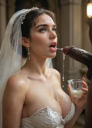(((interracial))), 5giant black thick penises, perfect side view, Persian bide, super busty bride, nice cleavage, sexy wedding dress, a surreal and cinematic photo of a, (((beautiful Iranian bride tilting her head back while holding a clear glass jar high above her face with both hands, thick creamy white cum slowly pouring out of the jar and streaming directly into her open mouth:1.1))), ((cum puring into her open mouth)), . She wears a luxurious and detailed wedding dress with lace and pearl textures, her makeup is glamorous with a focus on the eyes. Her expression is intense yet graceful, soft lighting highlights the slime’s glossy texture and her elegant posture. High-detail fashion photography, dark blurred background, conceptual and provocative styling., ral-18thlxry, BadX, crying, <lora:MJ52:.8>, <lora:18th century:.8>, <lora:dAIversityUnderstandingXLRealistic:2>, <lora:crying:1.9>