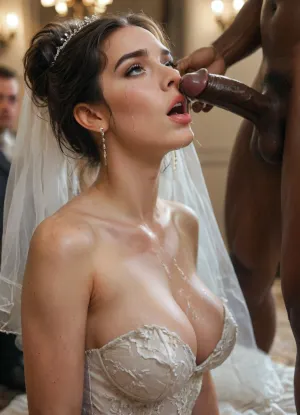 (((interracial))), 5giant black thick penises, perfect side view, Persian bide, super busty bride, nice cleavage, sexy wedding dress, a surreal and cinematic photo of a, (((beautiful Iranian bride tilting her head back while holding a clear glass jar high above her face with both hands, thick creamy white cum slowly pouring out of the jar and streaming directly into her open mouth:1.1))), ((cum puring into her open mouth)), ((white skin skinny cuckold groom in suit hug the bride and kiss her)), . She wears a luxurious and detailed wedding dress with lace and pearl textures, her makeup is glamorous with a focus on the eyes. Her expression is intense yet graceful, soft lighting highlights the slime’s glossy texture and her elegant posture. High-detail fashion photography, dark blurred background, conceptual and provocative styling., ral-18thlxry, BadX, crying, romantic_couple_poses, <lora:MJ52:.8>, <lora:18th century:.8>, <lora:dAIversityUnderstandingXLRealistic:2>, <lora:crying:1.8>, <lora:1365620_training_data:.8>