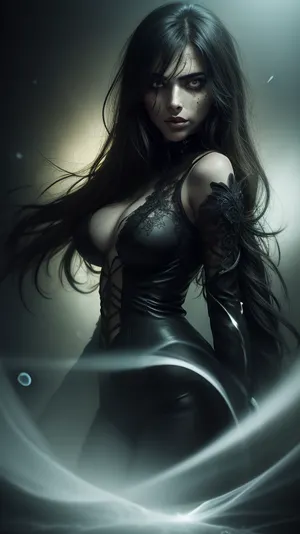 a coquettish woman with a very long hair, chaotic darkness, scribbled lines, surrender, polychromatic, diffuse, elaborate hairstyle, small breasts, beautiful crystal eyes, glowing {brown, blue, green} iris, heartshaped lips, freckles, lip gloss, aroused skin, olive skin, pose, dramatic sunrise, ground-fog, fog, (blackened darkness mood), worm´s-eye view, soft focus, distorted, night vision, double exposure, parallax, #©KITTYART