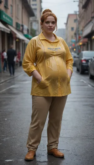Adult woman, bbw body, sexy sagging tits, street, big belly, full body, fat labia, streshed labia, open legs, orange hair, wet hair, wet body, standing on street, She put her hands on her hips, yellow rubber bots, brown lace stocking, Her hair was pulled back in a bun, and her legs were spread wide., <lora:Bbw diaper_epoch_1:.8>, hvrn, heavy, <lora:607315_training_data:.8>, rain, trousers, bib, pants, raingear, yellow raincoat, <lora:Raingear:.8>