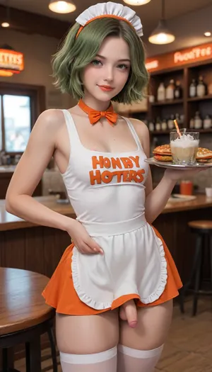 Femboy, waitress, hooters uniform, wide hips, puffy lips, green hair, orange lips, puffy areola, areola slip, erection under closes, (tiny cock:1.3), smirk, smile, large areola, bloomesr orange