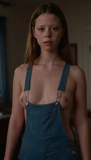 a photo of Mia Goth, full body shot, ohwx woman, cinematic lighting, side boob, nipple slip, pink nipples, her face is covered in freckles, miagoth101, 1girl, <lora:1415579_training_data:.8>, m1ag0th, overalls, blue, eyeliner, <lora:Mia Goth - m1ag0th woman - damocles_aaa:.8>