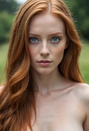 Long ginger hair, stunning blue eyes, slim body, nude, outdoors