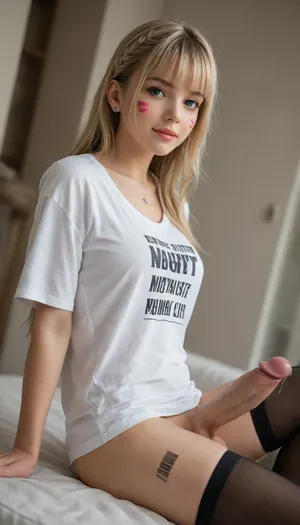 ultra realistic, masterpiece, high detailed skin, best quality, high res, very aesthetic, anime style, studio anime, source_ecchi, anime, (finely detailed face), (petite body:1.3), tovrd, blue eyes, blonde hair, long hair, braid, smokyeyes, lash, pink mascara, glossy pink lips, parted lips, pink nails, long nails, tally, 1girl, barcode tattoo, clothes writing, heart tattoo, leg tattoo, barcode, thighhighs, solo, shirt, number tattoo, arm tattoo, mori calliope, stomach tattoo, looking at viewer, virtual youtuber, bodypaint, facepaint, cleavage, shoulder tattoo, smile, simple background, bangs, sitting, white background, body markings, black legwear, collarbone, white shirt, t-shirt, blunt bangs, eyebrows visible through hair. relaxed yet provocative, soft ambient glow, dramatic scenery, intricate details, (blurry background, depth of field:1.1), erotic and aesthetic, alluring and erotic vibe, aroused, ((dynamic dutch angle:1.5)), from side, blurry background, bright colors, stunningly artwork, futanari, erect penis, hard penis, sagging testicles, veiny cock, leaking precum, throbbing cock