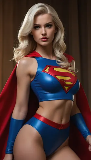 A stylized Supergirl, inspired by artist J Scott Campbell, (((https, //comicartcommunity.com/gallery/details.php?image_id=41936)), ?, (((pulling up a tight crop top))), over her big boobs. S emblem on crop top, She has long platinum blonde hair and a fierce, determined expression. Her outfit is a sexy, toned midriff, skin tight crop top, modern take on a superhero costume, with a tiny cape and short skirt, rendered in soft colors with subtle blue accents. The pose is dynamic and confident, emphasizing her strength and allure, reminiscent of classic pin-up comic art styles.of J Scott Campbell Art Style & Texture, •	Comic book pin-up aesthetic
	•	Light ink shading, smooth skin and fabric highlights, (Star filled sky), •	Soft color accents with bold outlines

Hashtags, #PhotonSuperSiren #ComicHeroine #PowerPose #PinUpJustice #SilverStrength #HeroReveal #bigtits #cleavage #deepcleavage #DynamicBeauty #StylizedSupergirl #SexySuperpowered #CapeAndCurves, <lora:387205_training_data:1.8>)