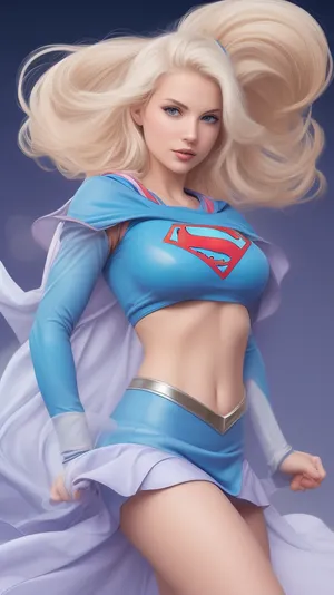 A stylized Supergirl, inspired by artist J Scott Campbell, (https, //comicartcommunity.com/gallery/details.php?image_id=41936), pulling up a tight crop top over her big boobs. S emblem on crop top, She has long platinum blonde hair and a fierce, determined expression. Her outfit is a sexy, modern take on a superhero costume, with a tiny cape and short skirt, rendered in soft colors with subtle blue accents. The pose is dynamic and confident, emphasizing her strength and allure, reminiscent of classic pin-up comic art styles.of J Scott Campbell Art Style & Texture, •	Comic book pin-up aesthetic
	•	Light ink shading, smooth skin and fabric highlights
	•	Soft color accents with bold outlines

Hashtags, #PhotonSuperSiren #ComicHeroine #PowerPose #PinUpJustice #SilverStrength #HeroReveal #DynamicBeauty #StylizedSupergirl #SexySuperpowered #CapeAndCurves