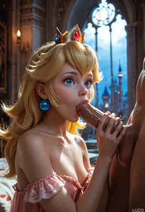 (score_9, score_8_up, score_7_up, UHD 8K, masterpiece, best quality, maximum details, ight time, low lighting, dark night, extreme realism, (cute 19 years old Princess Peach), (palace bedroom), (petite and small body), blowjob, sucking dick, (blue eyes), (topless), (wearing a nightgown), (large and tall muscular man), big penis, (rugged hands), (moaning))