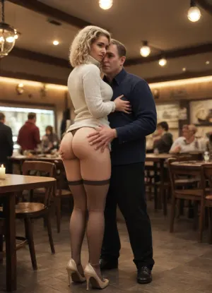 photorealistic image, very old men groping woman in restaurant, curvy milf, medium breasts, blonde hair, tight white wool sweater, brown nylon stockings, elegant shoes, submissive demeanor, gazing at camera, very old men, weathered faces, intense expressions, formal attire, harassment, groping intensity, sweater and skirt partially lifted, stockings intact, upscale restaurant, polished tables, velvet chairs, crystal chandeliers, evening, soft shadows, curious patrons watching, warm candlelight, wide-angle shot, slightly blurred, unusual angle, all persons fully visible, timestamp in corner, persons unaware of camera, natural poses, candid expressions, (submissive demeanor:1.3), (gazing at camera:1.3), (rough strong squeeze, groping boobs and ass:1.4), (groping intensity:1.4), (tight wool sweater:1.2), (upscale restaurant:1.3), (warm candlelight:1.2), (curious patrons:1.2), (dynamic posture:1.3), (intense expressions:1.2), (distance viewpoint:1.3), (full figure shot:1.4), (subtle blur:1.1), (timestamp visible:1.1), <lora:289505_training_data:.6>