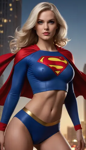 A stylized Supergirl, inspired by artist J Scott Campbell, (((https, //comicartcommunity.com/gallery/details.php?image_id=41936)), ?, ((pulling up a tight crop top)), over her big boobs. S emblem on crop top, She has long platinum blonde hair and a fierce, determined expression. Her outfit is a sexy, toned midriff, modern take on a superhero costume, with a tiny cape and short skirt, rendered in soft colors with subtle blue accents. The pose is dynamic and confident, emphasizing her strength and allure, reminiscent of classic pin-up comic art styles.of J Scott Campbell Art Style & Texture, •	Comic book pin-up aesthetic
	•	Light ink shading, smooth skin and fabric highlights, (Star filled sky), •	Soft color accents with bold outlines

Hashtags, #PhotonSuperSiren #ComicHeroine #PowerPose #PinUpJustice #SilverStrength #HeroReveal #DynamicBeauty #StylizedSupergirl #SexySuperpowered #CapeAndCurves)