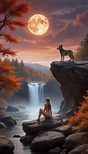 Create a mystical scene with a 27 yo young female nude figure with a slender body, beautiful teardrop-shaped bare breasts, Fit, muscular, sitting gracefully on a rocky outcrop. She has a fair skin tone and long wavy golden hair falling over her shoulder all the way to the waist, In the background is a dramatic twilight sky, illuminated by a large, bright full moon, casting a pinkish hue over the landscape. The figure is surrounded by misty clouds and hints of glowing water flowing over the rocks, water falls, creating a sense of fantasy. In the foreground, a dark wolf hound dog perches on a nearby rock, adding to the mystery of the scene. The atmosphere is filled with an enchanting combination of eerie calm and elemental energy, surrounded by faint outlines of autumn mapel leaves in deep red and orange tones, which enhances the enchanting character of the overall composition.photorealistic, FHD, hyperrealistic, ultra detailed, 4K 3D