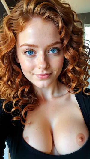 one girl 18 years old, iPhone shot, selfie, shy smile, slim body, fit body, flat chest, curly long ginger hair, big blue eyes, pulled up black shirt, open jeans, attraction, medium perfect breast, detailed