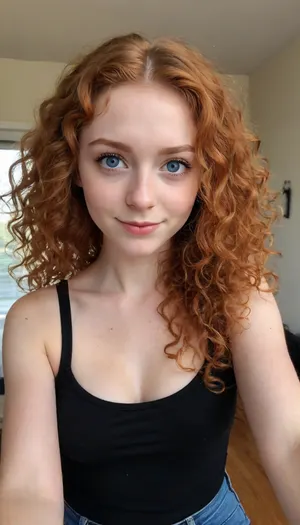 one girl 18 years old, iPhone shot, selfie, shy smile, slim body, fit body, flat chest, curly long ginger hair, big blue eyes, pulled up black shirt, open jeans, attraction, medium perfect breast, detailed