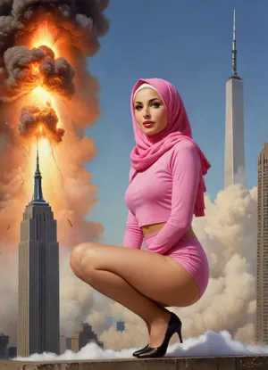 (TITLE TEXT "Virgin No.72":1.8), "Virgin No.72", (text reading "Virgin No.72"), (big movie title "Virgin No.72"), (movie poster:1.2), (huge letters, movie title text:1.2), (Muslim woman, brown skin:1.3), (Arab woman:1.1), (brown skin:1.3), (religious hijab:1.3), wet sweaty body, big text on poster, sweaty body, ((string bikini bottom)), sideview, (((tight uniform 50's))), (((pin up 1940's))), (explosion on World Trade Center:1.1), (1950's movie poster:1.2), (huge title text, movie poster:1.5), (big text on poster:1.5), (1950's movie poster:1.4), (1940's pin up girl), (Muslim girl in hijab sitting on a cloud in the sky:1.4), (hijab:1.5), (Arab girl in underwear:1.2), (skyline in background:1.3), (explosion on skyscraper:1.3), (airplane crashing into World Trade Center:1.3), (September 11 attacks:1.2), (9/11 September twin tower attack:1.2), (airplanes crashing in skyscraper:1.1), (she is wearing a pink hijab), Photography, photorealism, tall, beautiful perfect figure, Knee-high boots, perfect tall legs, charming eyes, sad yet gracious face, dark background, fantasy art capturing the style of Aaron Horkey, Jeremy Mann and Luis Royo, body-focused composition from a low angle, alluring figure, dark fantasy, dynamic composition, warm hues, showcases acrylic calligraphy, watercolor techniques integrated seamlessly into a maximalist masterpiece, detailed with gouache fluidity, golden hour light, hyperrealism, hypperrealistic, hyperdetailed, 64k, ultraHDR, Movie, Poster, page, panties, pulled, to, side, pussy, shaved, logo, text, sign, that, says, the, word, <lora:Movie Poster:.5>, <lora:Pussy_pants_nohands_D03_realvizXL2_bucket_01-000010:.5>, <lora:texta:1>