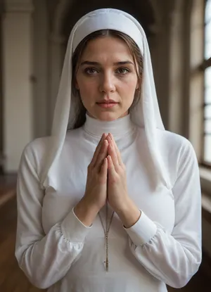 40 plus, German, (broad face), (milf), tight brown ponytail, (huge brown eyes), tall, slim, natural tits, (moles), (freckles), detailed skin, (white nun costume:1.2), ((in confessional, in the dark)), (hands up praying:1.3), (realistic hands), perfect fingers, (ashamed), confessing, looking down