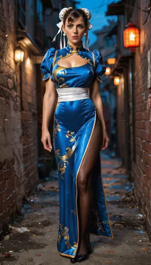 Chun-Li from streetfighter, (dark dirty back alley), (night), full body, ((wearing blue qipao, an early-20th-century Chinese dress, with golden accents, puffy sleeves, and a white waistband), and black pantyhose), ultra detailed, intricate details, (photorealistic:1.2), 8k, UHD, cold side light, contrast, sharp focus, (masterpiece:1.2), detailed eyes, beautiful eyes, realistic detailed skin, realistic detailed nipples, realistic detailed natural breasts, natural body, <lora:add-detail-xl:.8>, <lora:style_lora_realis:.8>, detailxl