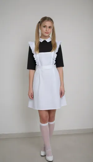 beautiful blonde 18 years old with ponytails woman, black dress, white apron, soviet schoolgirl, white lingerie, white shoes, high heels, lewddungeon, background white walls, suxl, <lora:suxl:.8>