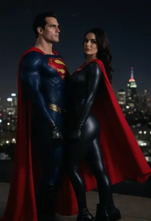 A man and a woman standing on a rooftop, the background is a city skyline, night time, stars are visible, lighting is dramatic, (woman is a female superhero:1.2), (woman is beautiful:1.2), (woman is fit and athletic:1.2), (woman has long black hair:1.2), (hair is straight and flowing in the wind:1.2), (woman is wearing a black superhero suit:1.3), (suit is skin tight:1.3), (suit has glossy black material:1.3), (suit reveals cleavage:1.3), (suit has high boots and gloves:1.3), (suit hugs her curves:1.3), woman has a confident expression, she is looking at the viewer, (man is Superman:1.4), (man is tall and muscular:1.4), (man has short dark hair:1.4), (man is wearing his classic red and blue Superman suit:1.4), (cape is blowing in the wind:1.4), (Superman is standing behind the woman:1.4), (his eyes are glowing subtly red:1.4), ultra realistic, 8k detail, high resolution, cinematic lighting, photorealism, <lora:Henry-Cavill:1>