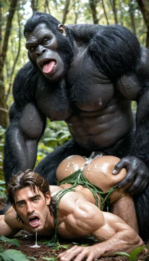 in a fantasy forest, side view, (sexy man), (tarzan outfit:1.4), (extremely long messy hair:1.2), (he is fucked from behind in standing doggy by a huge gorilla his pecs:1.2), jack-o position slender body, big blue eyes, looking at the viewer, (intense pleasure moaning, mouth opened:1.2), (huge pecs:1.2), (huge ass creampie:1.2), exposed cock, (hairy body:1.3), (very sweaty), only gay, gorilla big cock gay, double cumshot, full view scenario, back view